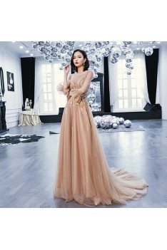 Brown Train Length Long Tulle Prom Dress With Sheer Neckline Long Sleeves - AM79047
