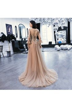 Brown Train Length Long Tulle Prom Dress With Sheer Neckline Long Sleeves - AM79047