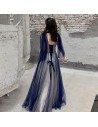 Blue Tulle Vneck Cheap Prom Dress With Cape Sleeves - AM79002