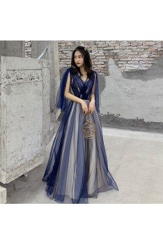 Blue Tulle Vneck Cheap Prom Dress With Cape Sleeves - AM79002