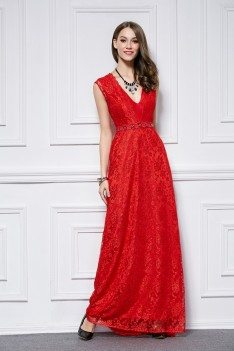 Red V-neck Lace Long Dress