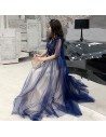 Blue Tulle Vneck Cheap Prom Dress With Cape Sleeves - AM79002
