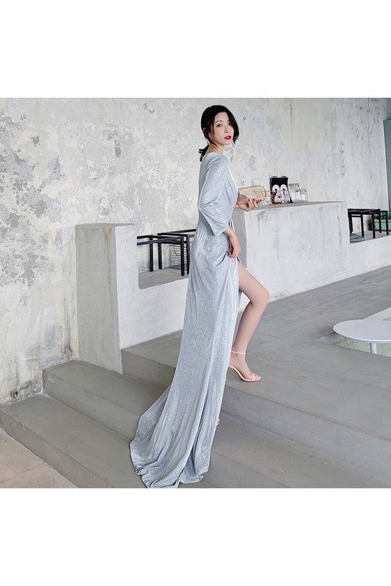 Sexy Grey Silver High Split Evening Wrap Dress With Long Sleeves - $100.98  #AM79007 - SheProm.com