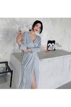 Sexy Grey Silver High Split Evening Wrap Dress With Long Sleeves - AM79007