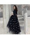 Fashion Vneck Long Black Party Dress With Feathers Patterns - AM79014