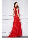 Red V-neck Lace Long Dress - CK442
