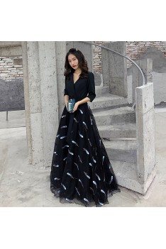Fashion Vneck Long Black Party Dress With Feathers Patterns - AM79014
