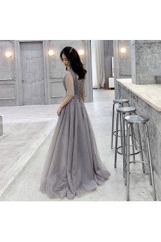 Modest Grey Tulle Aline Formal Dress With Illusion Vneck And Sleeves - AM79012