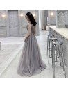 Modest Grey Tulle Aline Formal Dress With Illusion Vneck And Sleeves - AM79012
