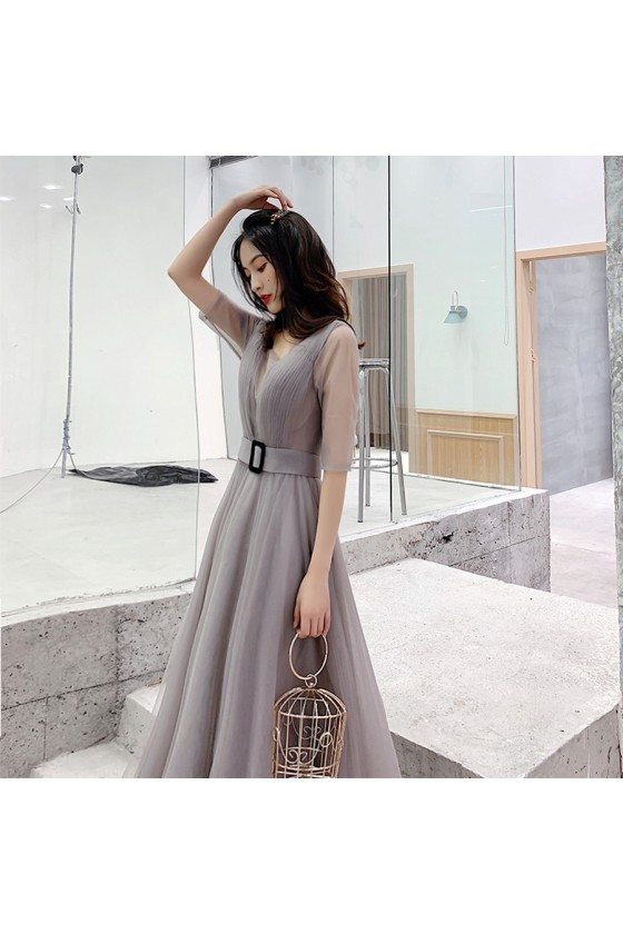 gray formal dress with sleeves Gray Tulle Floor Length A-Line Prom Dress, Lovely Puff Sleeve Evening main image 1