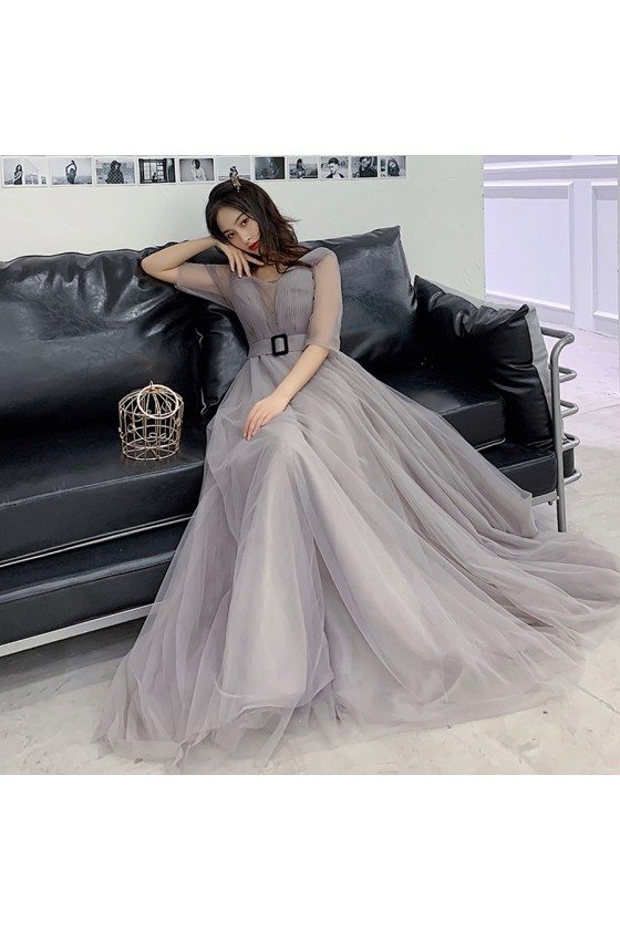 Modest Grey Tulle Aline Formal Dress With Illusion Vneck And Sleeves -  $100.98 #AM79012 - SheProm.com