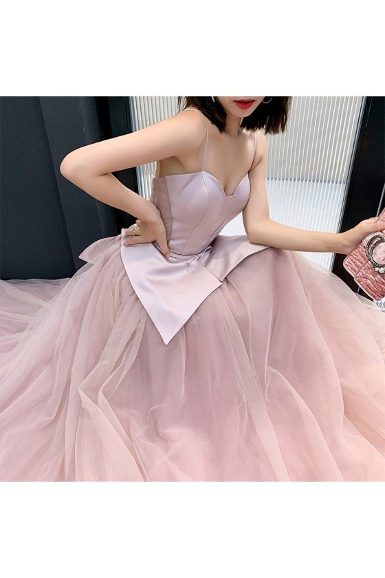 Rose Pink Satin With Tulle Ballgown Formal Dress With Spaghetti Straps - AM79120
