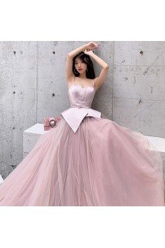 Rose Pink Satin With Tulle Ballgown Formal Dress With Spaghetti Straps - AM79120