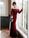 Burgundy Long Velvet Evening Dress Beaded With Long Sleeves - AM79059