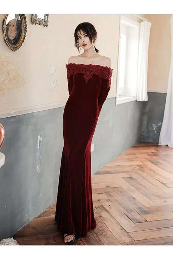 Burgundy Long Velvet Evening Dress Beaded With Long Sleeves - $100.98 # ...