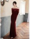 Burgundy Long Velvet Evening Dress Beaded With Long Sleeves - AM79059