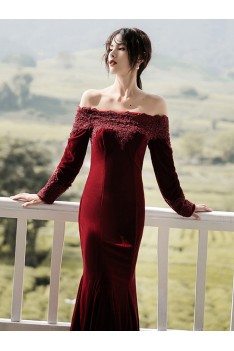 Burgundy Long Velvet Evening Dress Beaded With Long Sleeves - AM79059