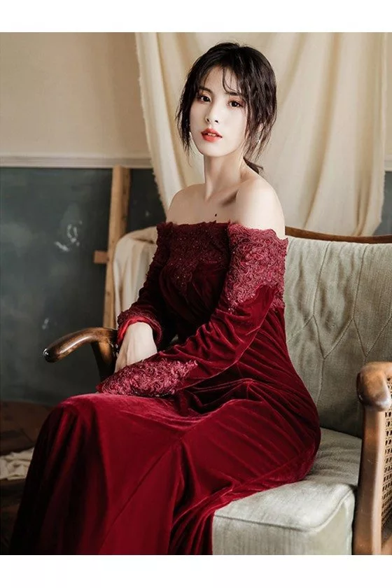 besame burgundy velvet long sleeve maxi dress Elegant Burgundy Velvet Long Sleeve Maxi Evening Dress