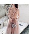 Nude Pink Flowers Vneck Cheap Prom Dress With Long Tulle - AM79112
