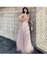 Nude Pink Flowers Vneck Cheap Prom Dress With Long Tulle - AM79112