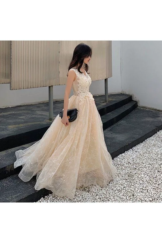 Champagne Lace Long Tulle Beaded Prom Dress Sleeveless - AM79100