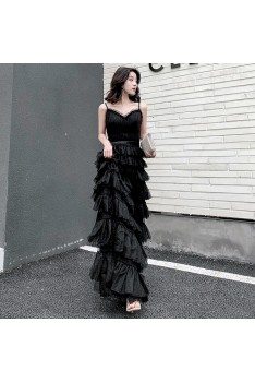Slim Long Black Tulle Tiered Evening Party Dress With Straps - AM79121