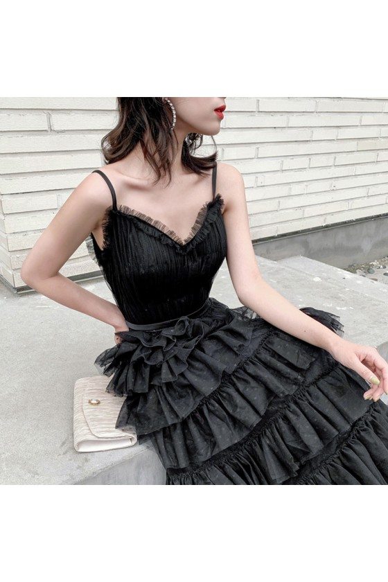 Slim Long Black Tulle Tiered Evening Party Dress With Straps - $108.9792 #AM79121 - SheProm.com