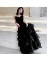 Slim Long Black Tulle Tiered Evening Party Dress With Straps - AM79121