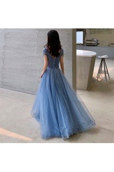 Elegant Blue Long Beaded Formal Prom Dress With Cap Sleeves - AM79095