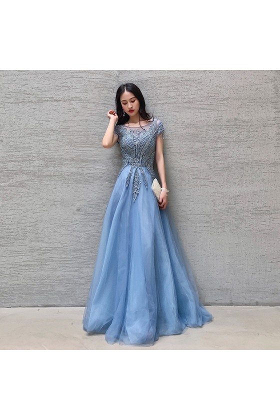 Elegant Blue Long Beaded Formal Prom Dress With Cap Sleeves - $124.9776 ...