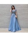 Elegant Blue Long Beaded Formal Prom Dress With Cap Sleeves - AM79095