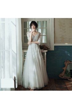 Beaded White Lace Elegant Long Tulle Prom Dress With Sheer Sleeves - AM79042