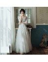 Beaded White Lace Elegant Long Tulle Prom Dress With Sheer Sleeves - AM79042
