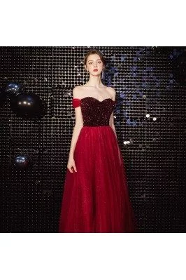 Bling Sequins Burgundy Sparkly Long Tulle Prom Dress Off Shoulder - AM79080