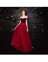 Bling Sequins Burgundy Sparkly Long Tulle Prom Dress Off Shoulder - AM79080