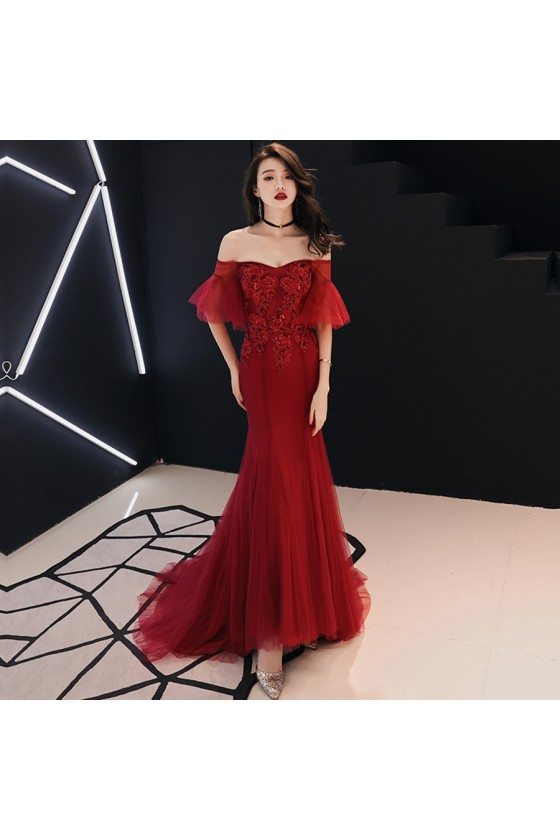 Mermaid Tulle Fitted Burgundy Prom Dress Lace Off Shoulder Sleeves - AM79136