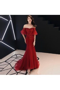 Mermaid Tulle Fitted Burgundy Prom Dress Lace Off Shoulder Sleeves - AM79136