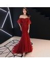 Mermaid Tulle Fitted Burgundy Prom Dress Lace Off Shoulder Sleeves - AM79136