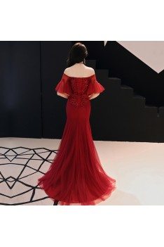 Mermaid Tulle Fitted Burgundy Prom Dress Lace Off Shoulder Sleeves - AM79136