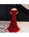 Mermaid Tulle Fitted Burgundy Prom Dress Lace Off Shoulder Sleeves - AM79136