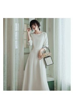 Elegant Simple Long White Formal Dress With Sleeves - AM79041