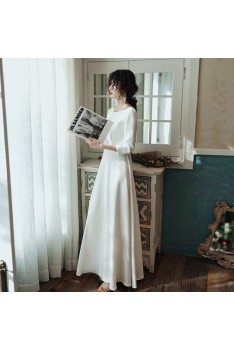 Elegant Simple Long White Formal Dress With Sleeves - AM79041