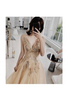 Luxury Champagne Gold Vneck Prom Dress Open Back With Sparkly Embroidery - AM79147