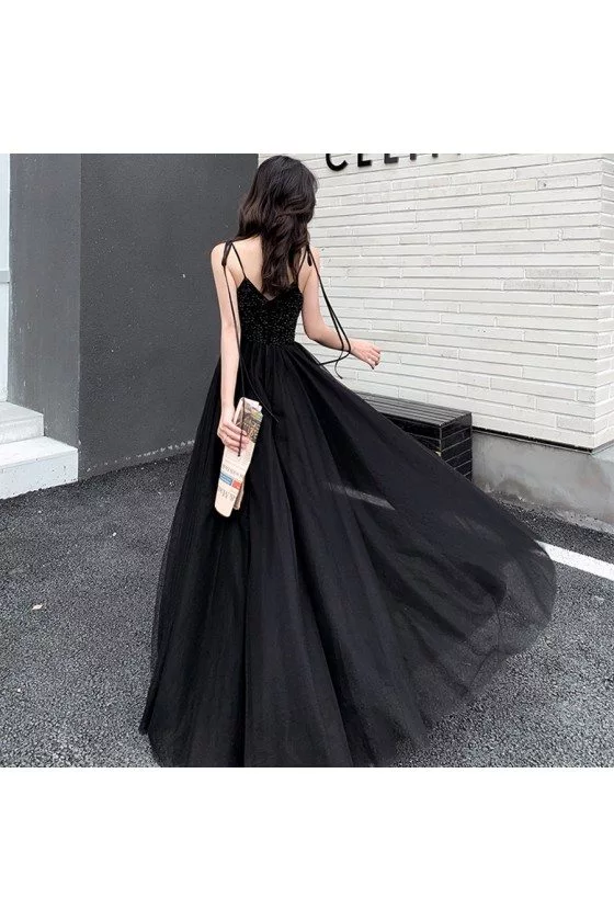 Sequins Black Top Long Tulle Prom Dress With Strappy Straps - $124.9776 ...