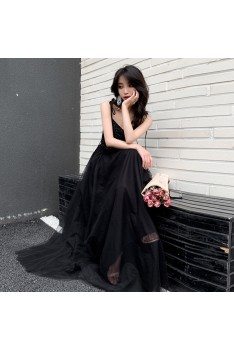 Sequins Black Top Long Tulle Prom Dress With Strappy Straps - AM79151