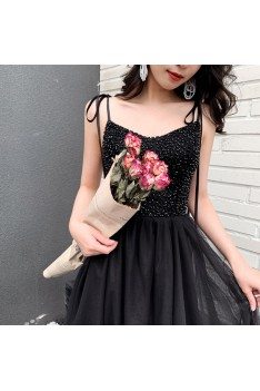 Sequins Black Top Long Tulle Prom Dress With Strappy Straps - AM79151