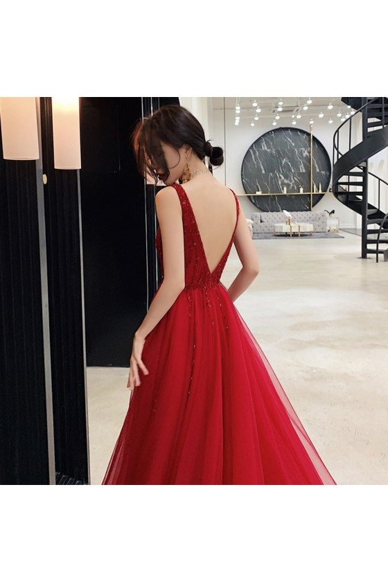 Open Back Beaded Vneck Long Party Dress Burgundy With Beading - AM79142