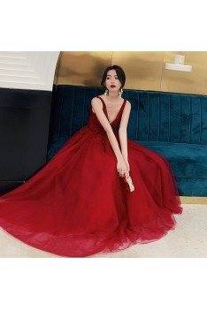 Open Back Beaded Vneck Long Party Dress Burgundy With Beading - AM79142
