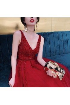 Open Back Beaded Vneck Long Party Dress Burgundy With Beading - AM79142