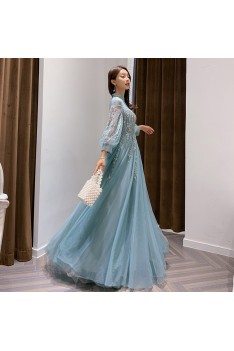 Blue Lace Tulle Fairy Long Sleeves Prom Dress With Collar - AM79062